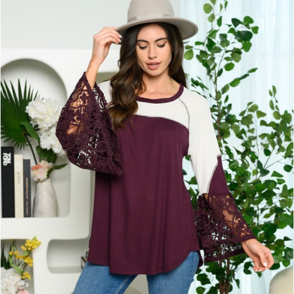Private Label Women's Burgundy and Cream Lace Sleeve Top